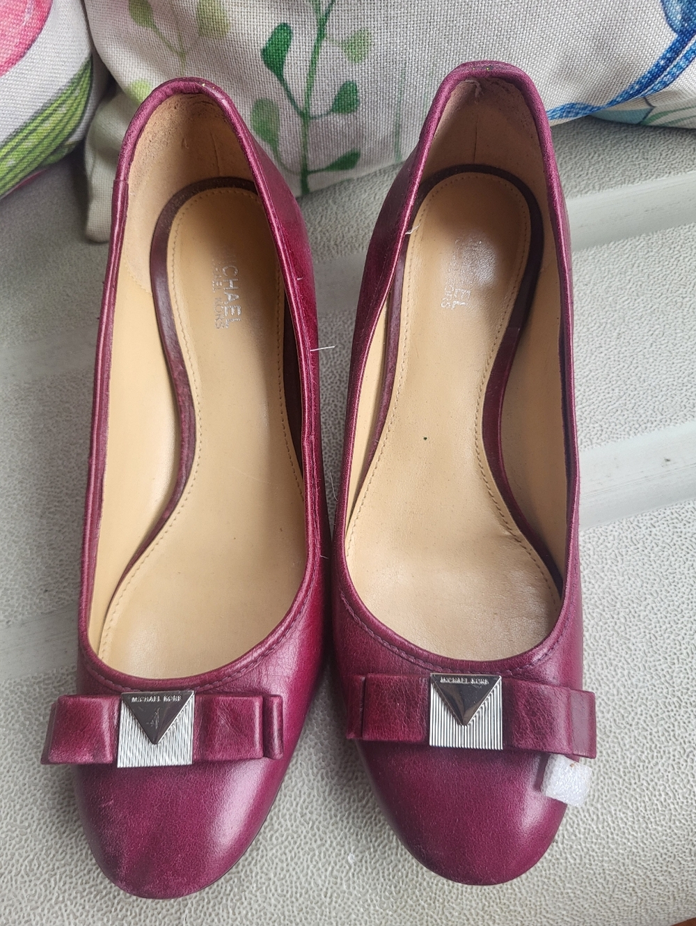 MICHAEL Michael Kors Metallic Burgundy Leather Heels with Bow Accent